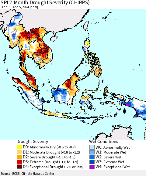 South East Asia SPI 2-Month Drought Severity (CHIRPS) Thematic Map For 2/6/2024 - 4/5/2024
