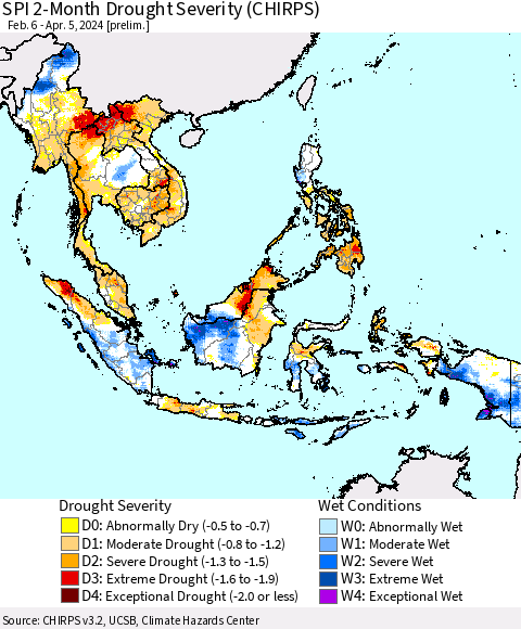 South East Asia SPI 2-Month Drought Severity (CHIRPS) Thematic Map For 2/6/2024 - 4/5/2024