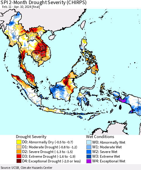South East Asia SPI 2-Month Drought Severity (CHIRPS) Thematic Map For 2/11/2024 - 4/10/2024