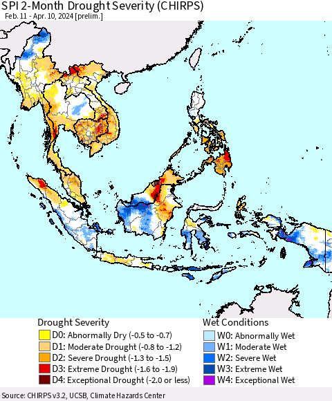 South East Asia SPI 2-Month Drought Severity (CHIRPS) Thematic Map For 2/11/2024 - 4/10/2024