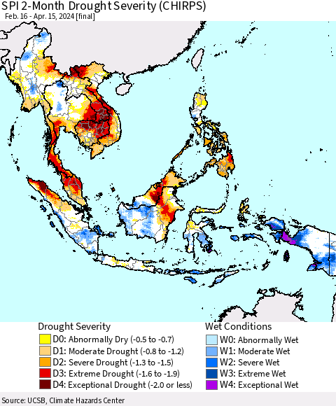 South East Asia SPI 2-Month Drought Severity (CHIRPS) Thematic Map For 2/16/2024 - 4/15/2024