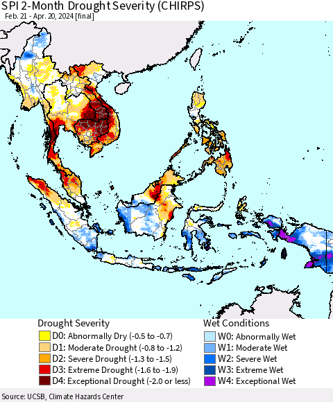 South East Asia SPI 2-Month Drought Severity (CHIRPS) Thematic Map For 2/21/2024 - 4/20/2024