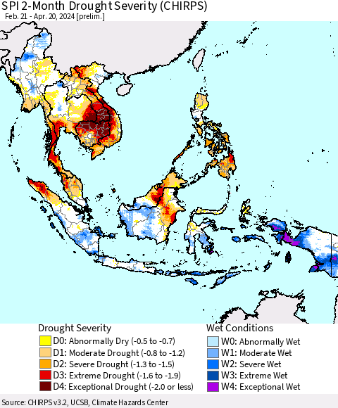 South East Asia SPI 2-Month Drought Severity (CHIRPS) Thematic Map For 2/21/2024 - 4/20/2024