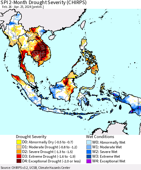 South East Asia SPI 2-Month Drought Severity (CHIRPS) Thematic Map For 2/26/2024 - 4/25/2024