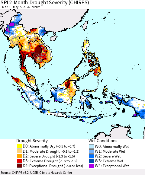 South East Asia SPI 2-Month Drought Severity (CHIRPS) Thematic Map For 3/6/2024 - 5/5/2024