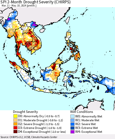 South East Asia SPI 2-Month Drought Severity (CHIRPS) Thematic Map For 3/11/2024 - 5/10/2024