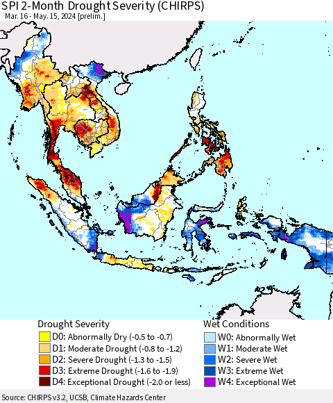 South East Asia SPI 2-Month Drought Severity (CHIRPS) Thematic Map For 3/16/2024 - 5/15/2024