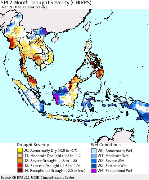 South East Asia SPI 2-Month Drought Severity (CHIRPS) Thematic Map For 3/21/2024 - 5/20/2024