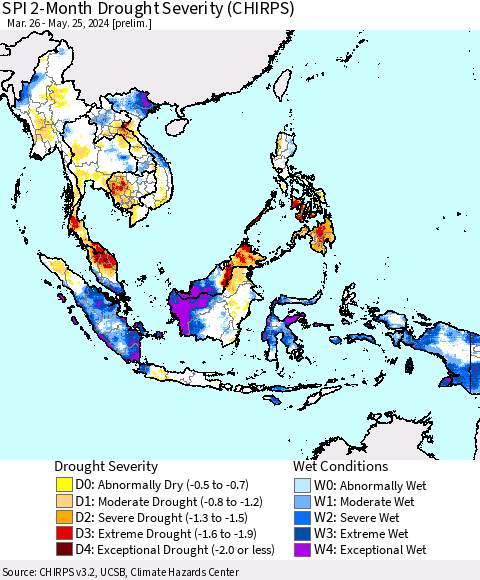 South East Asia SPI 2-Month Drought Severity (CHIRPS) Thematic Map For 3/26/2024 - 5/25/2024