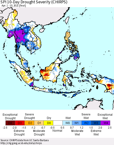 South East Asia SPI 10-Day Drought Severity (CHIRPS) Thematic Map For 4/1/2021 - 4/10/2021