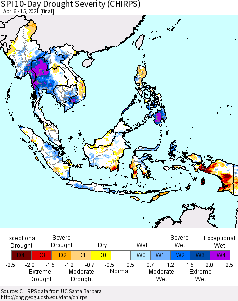 South East Asia SPI 10-Day Drought Severity (CHIRPS) Thematic Map For 4/6/2021 - 4/15/2021