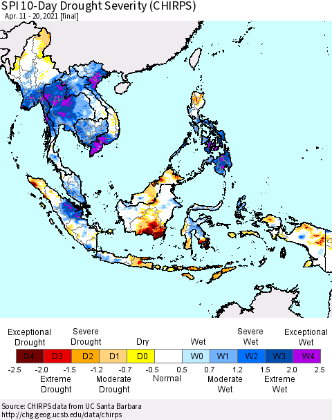 South East Asia SPI 10-Day Drought Severity (CHIRPS) Thematic Map For 4/11/2021 - 4/20/2021