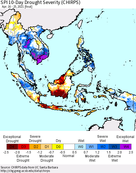 South East Asia SPI 10-Day Drought Severity (CHIRPS) Thematic Map For 4/16/2021 - 4/25/2021