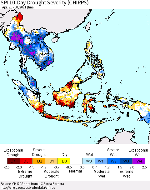 South East Asia SPI 10-Day Drought Severity (CHIRPS) Thematic Map For 4/21/2021 - 4/30/2021