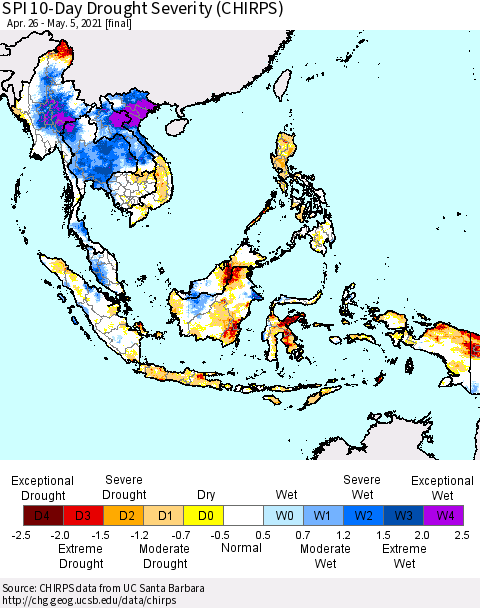 South East Asia SPI 10-Day Drought Severity (CHIRPS) Thematic Map For 4/26/2021 - 5/5/2021
