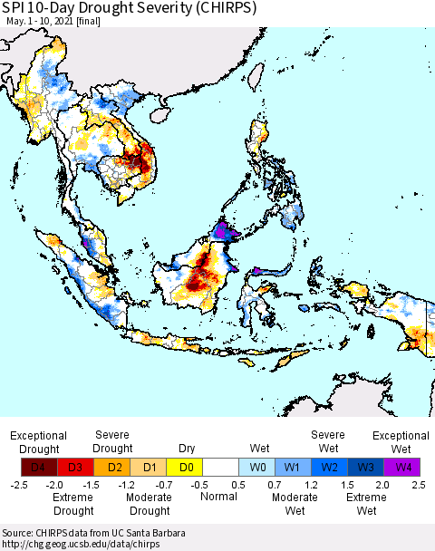 South East Asia SPI 10-Day Drought Severity (CHIRPS) Thematic Map For 5/1/2021 - 5/10/2021