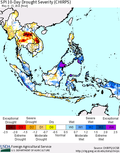 South East Asia SPI 10-Day Drought Severity (CHIRPS) Thematic Map For 5/6/2021 - 5/15/2021