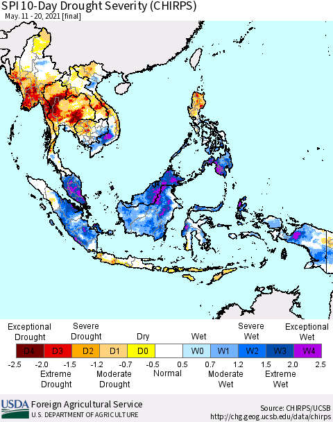 South East Asia SPI 10-Day Drought Severity (CHIRPS) Thematic Map For 5/11/2021 - 5/20/2021