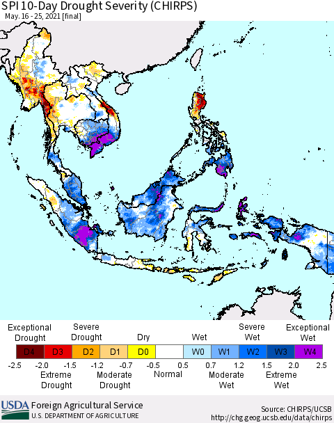 South East Asia SPI 10-Day Drought Severity (CHIRPS) Thematic Map For 5/16/2021 - 5/25/2021