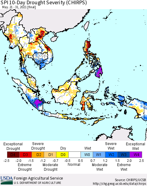 South East Asia SPI 10-Day Drought Severity (CHIRPS) Thematic Map For 5/21/2021 - 5/31/2021