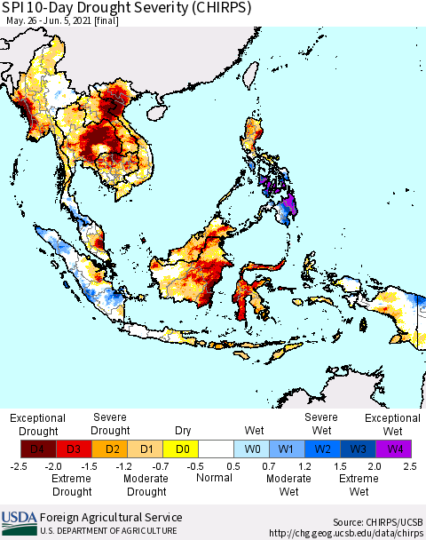 South East Asia SPI 10-Day Drought Severity (CHIRPS) Thematic Map For 5/26/2021 - 6/5/2021