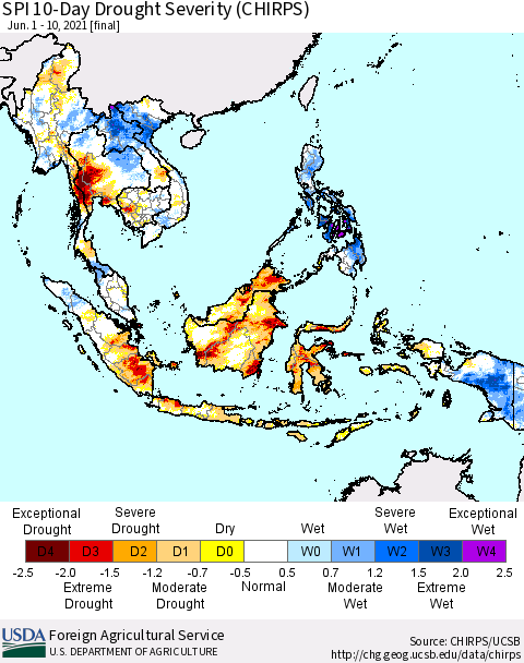 South East Asia SPI 10-Day Drought Severity (CHIRPS) Thematic Map For 6/1/2021 - 6/10/2021