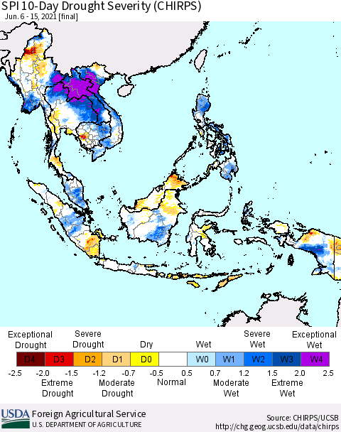 South East Asia SPI 10-Day Drought Severity (CHIRPS) Thematic Map For 6/6/2021 - 6/15/2021