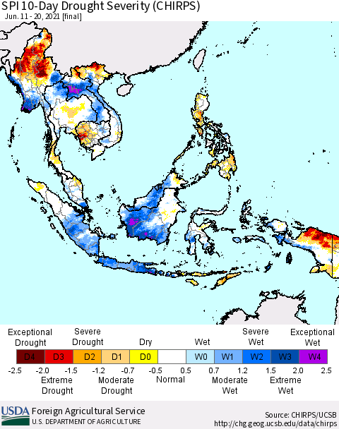 South East Asia SPI 10-Day Drought Severity (CHIRPS) Thematic Map For 6/11/2021 - 6/20/2021