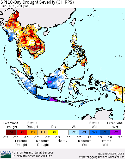 South East Asia SPI 10-Day Drought Severity (CHIRPS) Thematic Map For 6/16/2021 - 6/25/2021