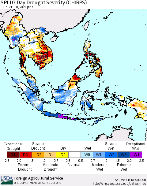 South East Asia SPI 10-Day Drought Severity (CHIRPS) Thematic Map For 6/21/2021 - 6/30/2021