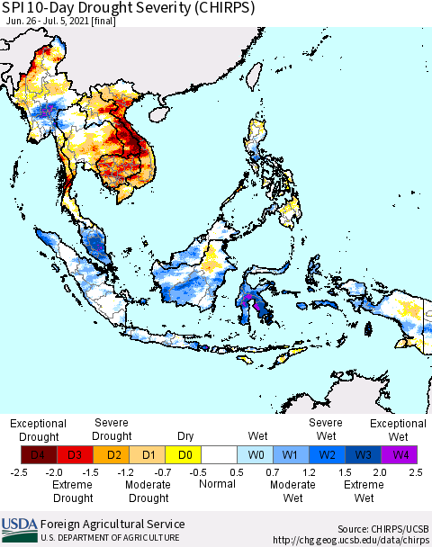 South East Asia SPI 10-Day Drought Severity (CHIRPS) Thematic Map For 6/26/2021 - 7/5/2021