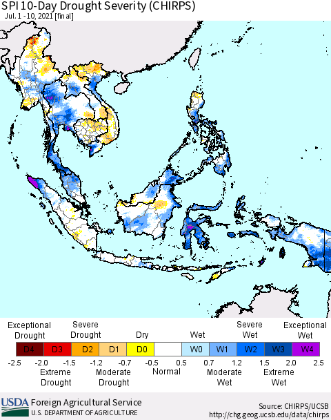 South East Asia SPI 10-Day Drought Severity (CHIRPS) Thematic Map For 7/1/2021 - 7/10/2021