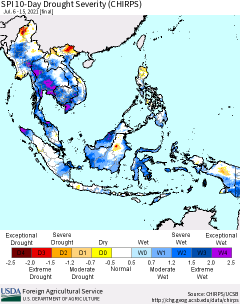 South East Asia SPI 10-Day Drought Severity (CHIRPS) Thematic Map For 7/6/2021 - 7/15/2021