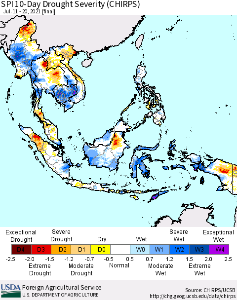 South East Asia SPI 10-Day Drought Severity (CHIRPS) Thematic Map For 7/11/2021 - 7/20/2021
