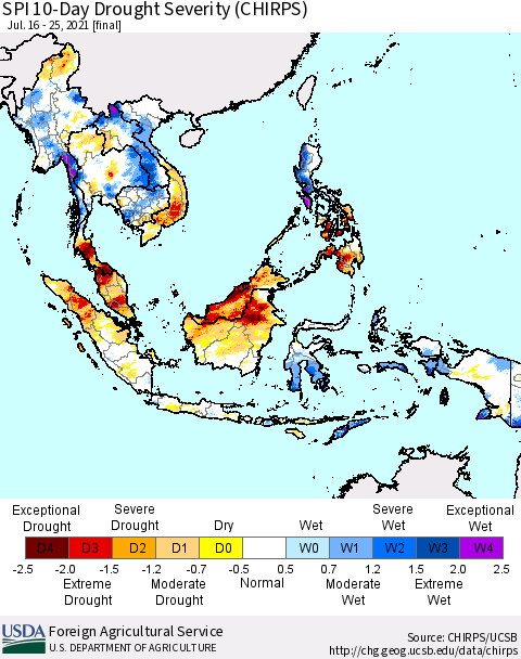 South East Asia SPI 10-Day Drought Severity (CHIRPS) Thematic Map For 7/16/2021 - 7/25/2021