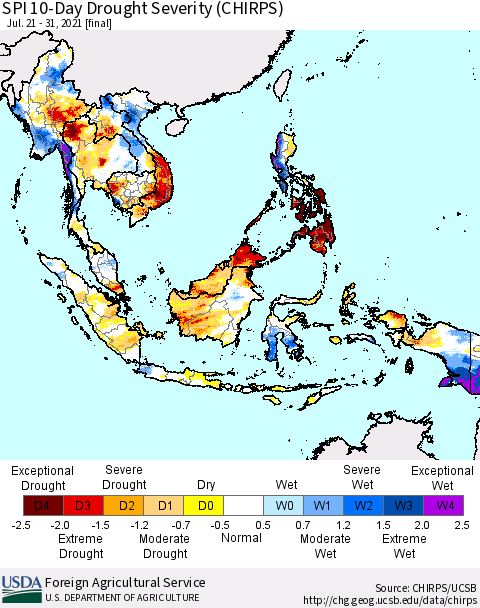 South East Asia SPI 10-Day Drought Severity (CHIRPS) Thematic Map For 7/21/2021 - 7/31/2021