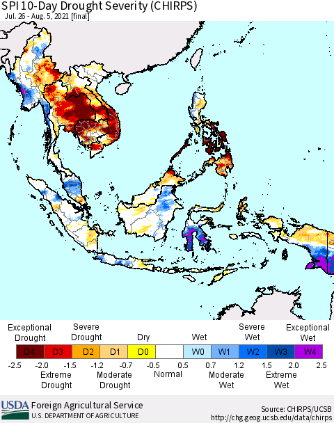 South East Asia SPI 10-Day Drought Severity (CHIRPS) Thematic Map For 7/26/2021 - 8/5/2021