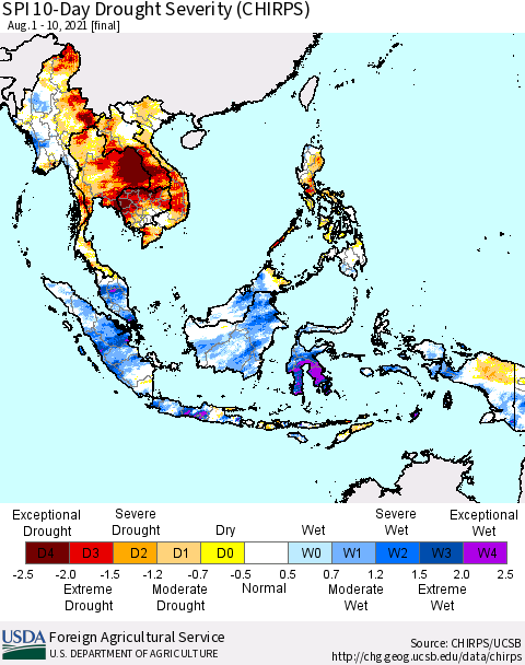 South East Asia SPI 10-Day Drought Severity (CHIRPS) Thematic Map For 8/1/2021 - 8/10/2021