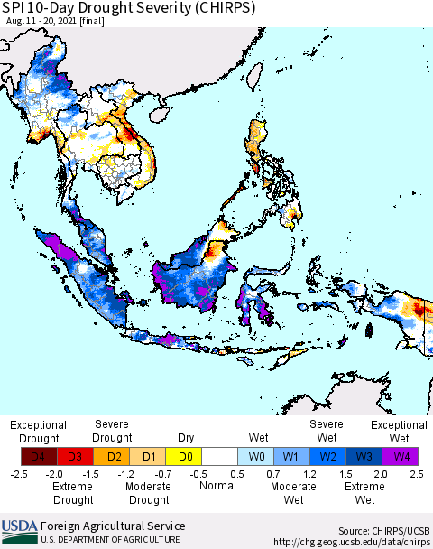 South East Asia SPI 10-Day Drought Severity (CHIRPS) Thematic Map For 8/11/2021 - 8/20/2021