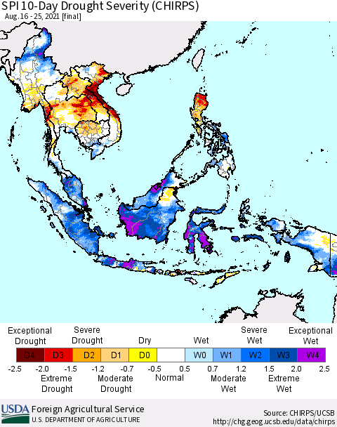 South East Asia SPI 10-Day Drought Severity (CHIRPS) Thematic Map For 8/16/2021 - 8/25/2021