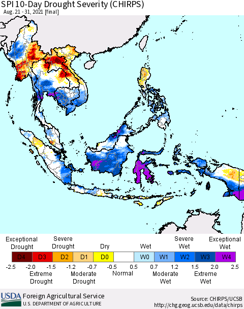 South East Asia SPI 10-Day Drought Severity (CHIRPS) Thematic Map For 8/21/2021 - 8/31/2021