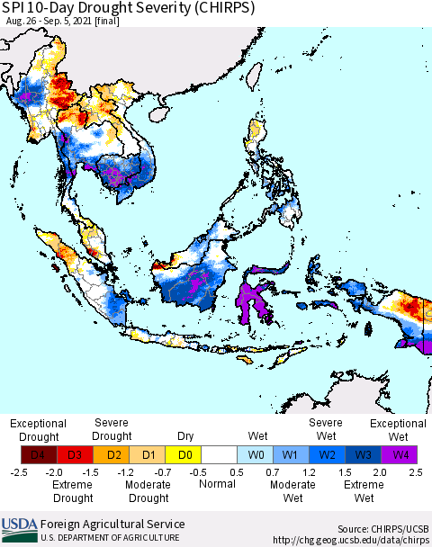 South East Asia SPI 10-Day Drought Severity (CHIRPS) Thematic Map For 8/26/2021 - 9/5/2021