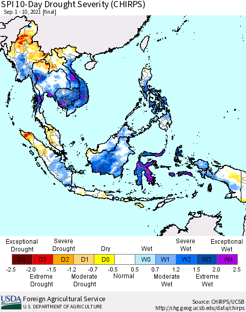 South East Asia SPI 10-Day Drought Severity (CHIRPS) Thematic Map For 9/1/2021 - 9/10/2021
