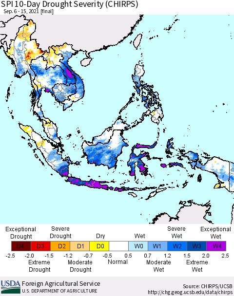 South East Asia SPI 10-Day Drought Severity (CHIRPS) Thematic Map For 9/6/2021 - 9/15/2021