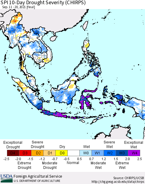 South East Asia SPI 10-Day Drought Severity (CHIRPS) Thematic Map For 9/11/2021 - 9/20/2021