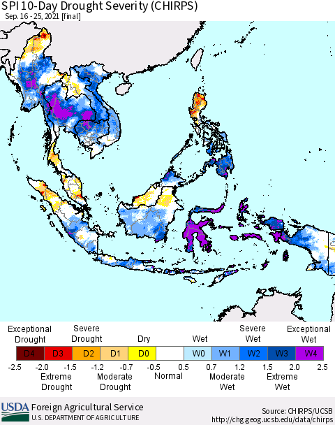 South East Asia SPI 10-Day Drought Severity (CHIRPS) Thematic Map For 9/16/2021 - 9/25/2021