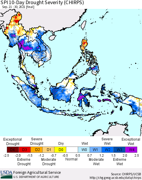 South East Asia SPI 10-Day Drought Severity (CHIRPS) Thematic Map For 9/21/2021 - 9/30/2021