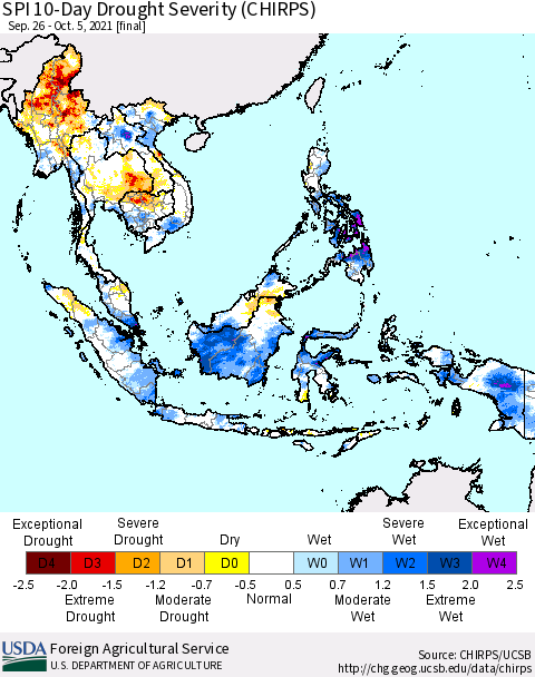 South East Asia SPI 10-Day Drought Severity (CHIRPS) Thematic Map For 9/26/2021 - 10/5/2021