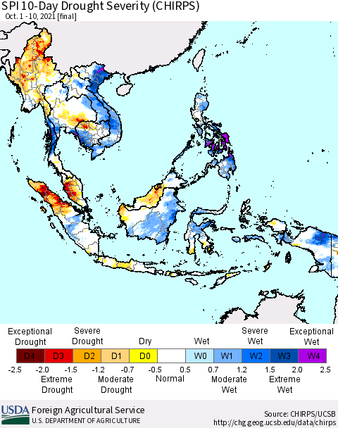South East Asia SPI 10-Day Drought Severity (CHIRPS) Thematic Map For 10/1/2021 - 10/10/2021