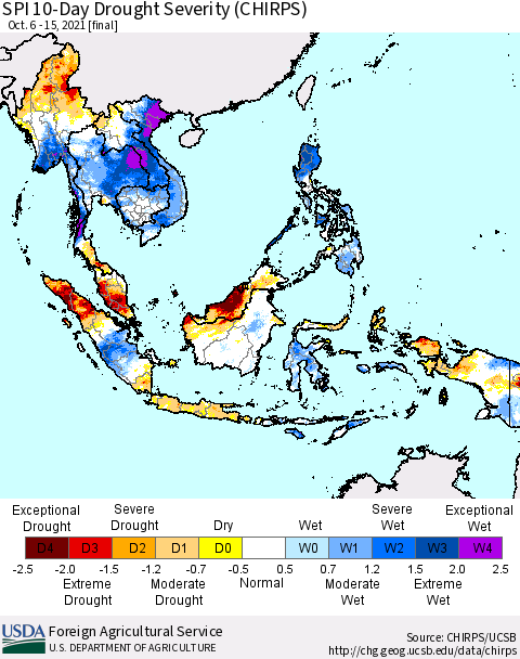 South East Asia SPI 10-Day Drought Severity (CHIRPS) Thematic Map For 10/6/2021 - 10/15/2021